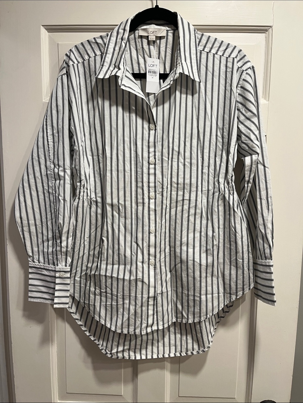 LOFT White and Black Vertical Stripe Button-Down Shirt with back opening